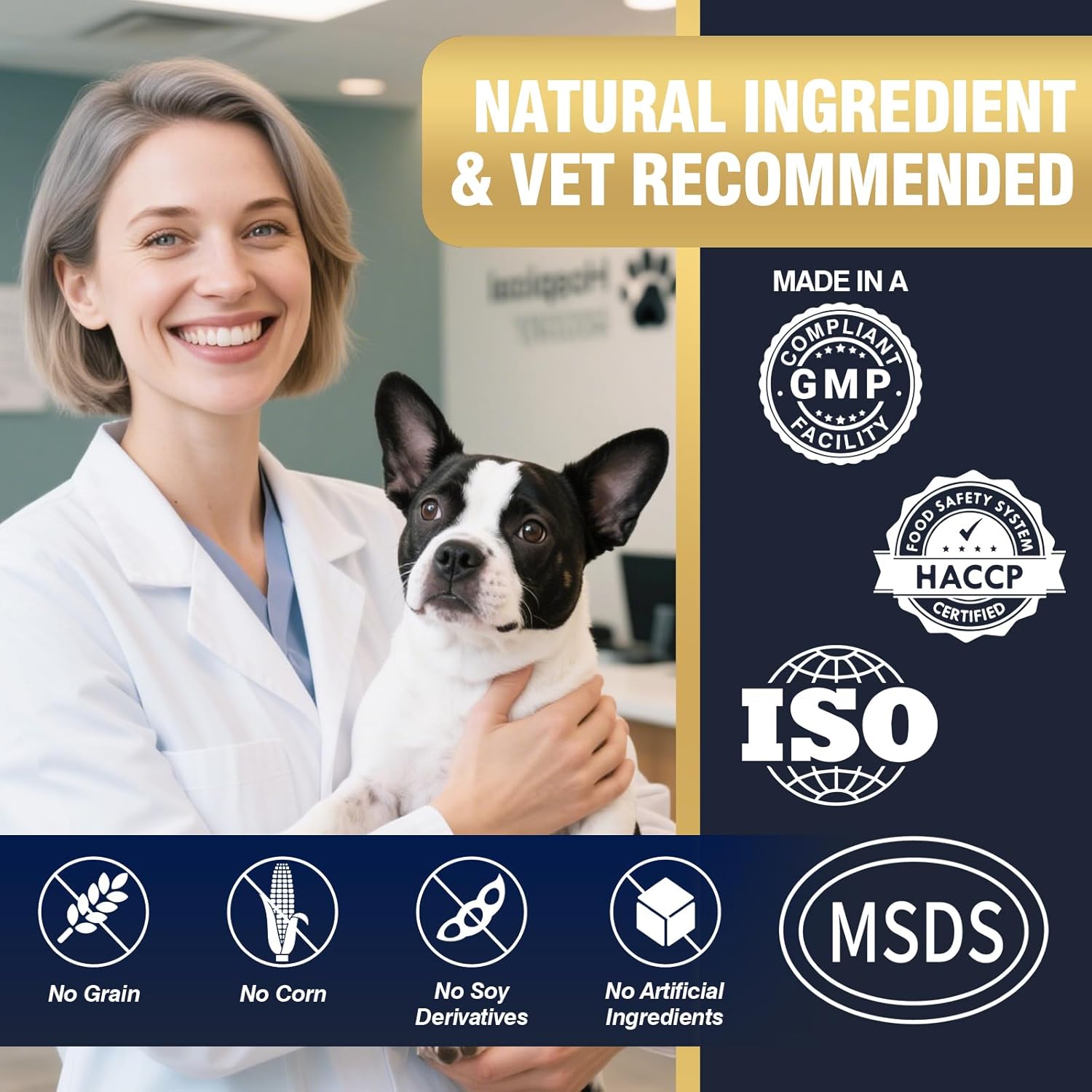 GMP, HACCP, and ISO manufacturing marks with no grain, corn, soy derivatives, or artificial ingredients