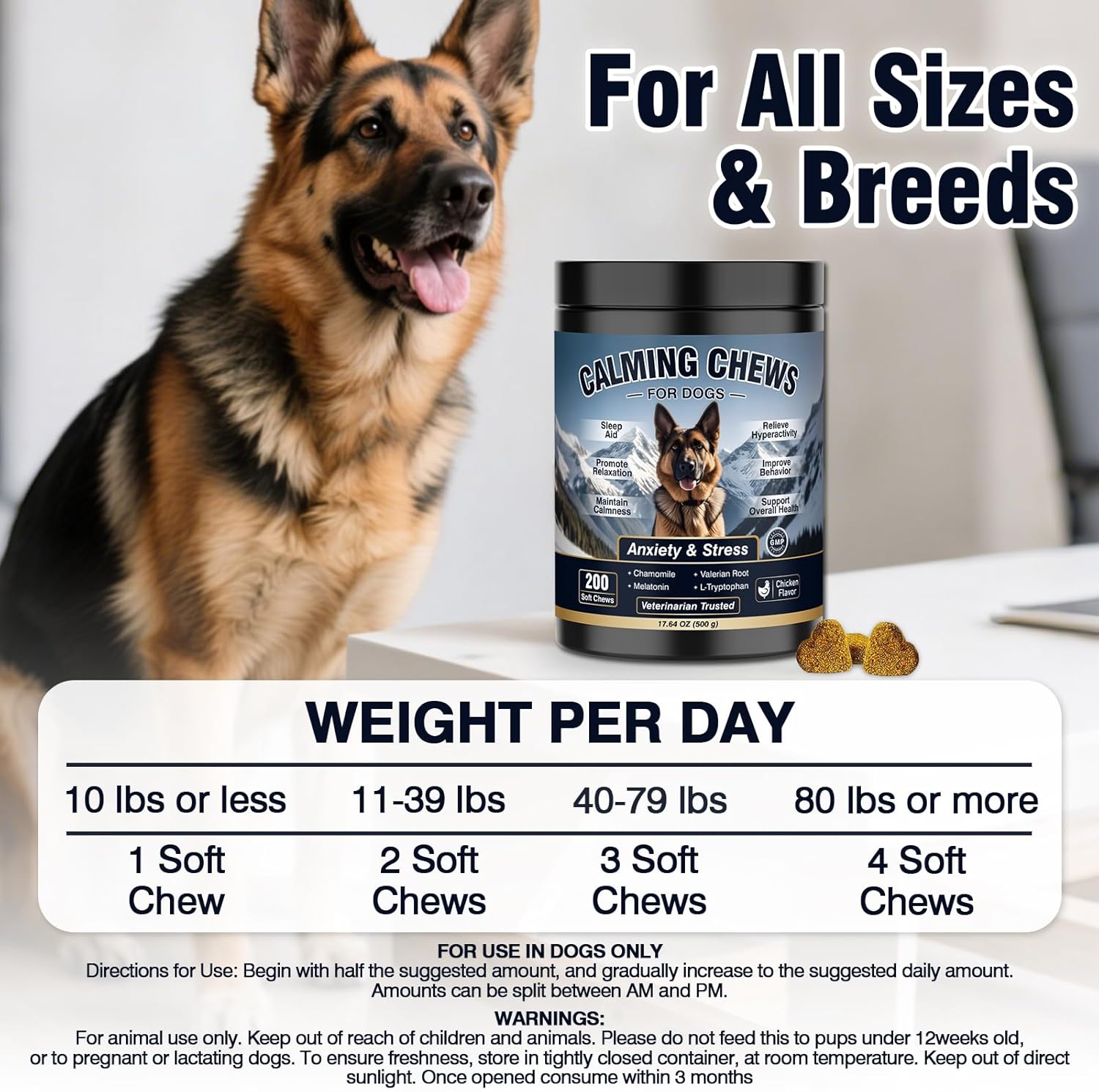 Dog Calming Chews weight-based daily serving chart for dogs of all sizes