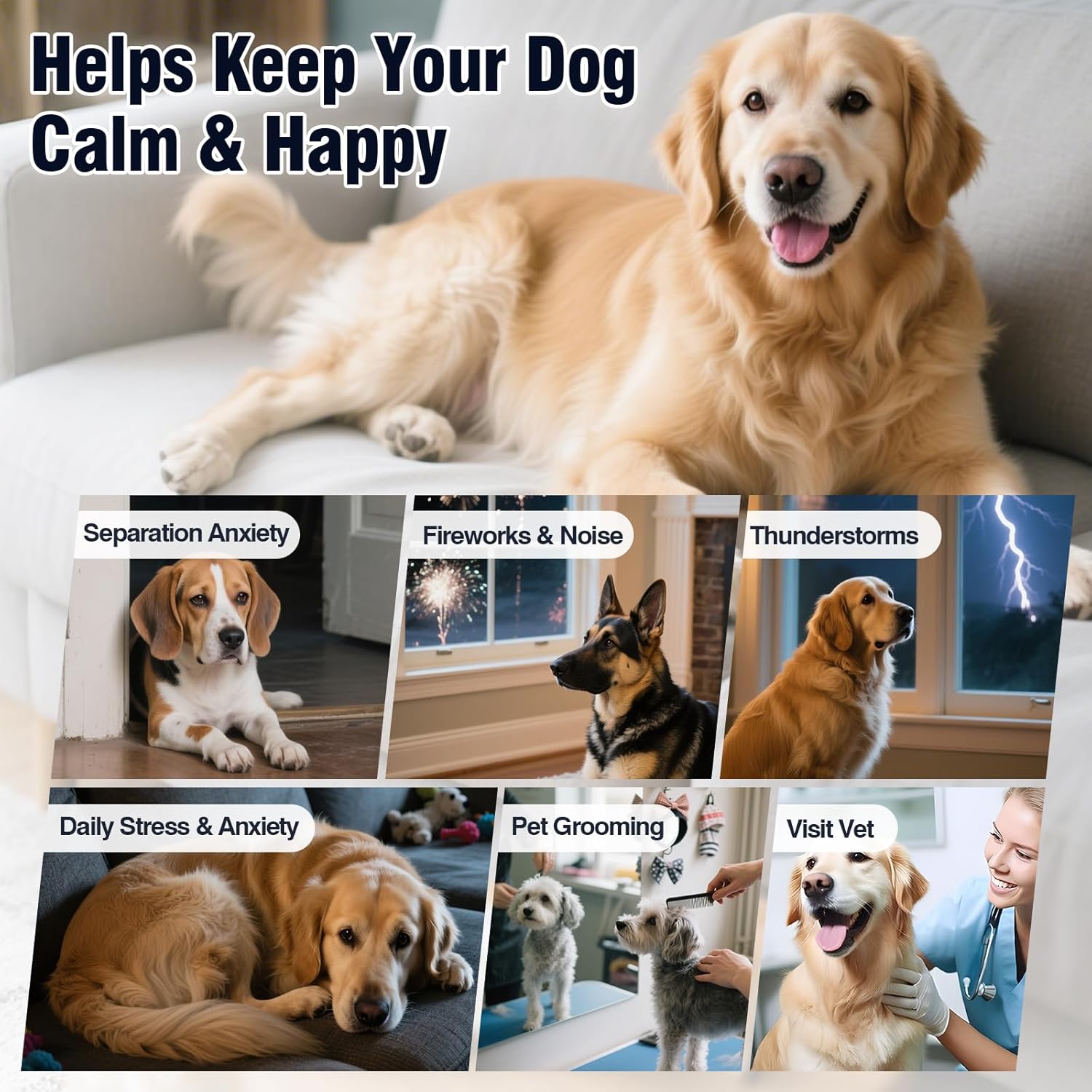 Dogs in common stressful situations including separation, fireworks, thunderstorms, grooming, and vet visits