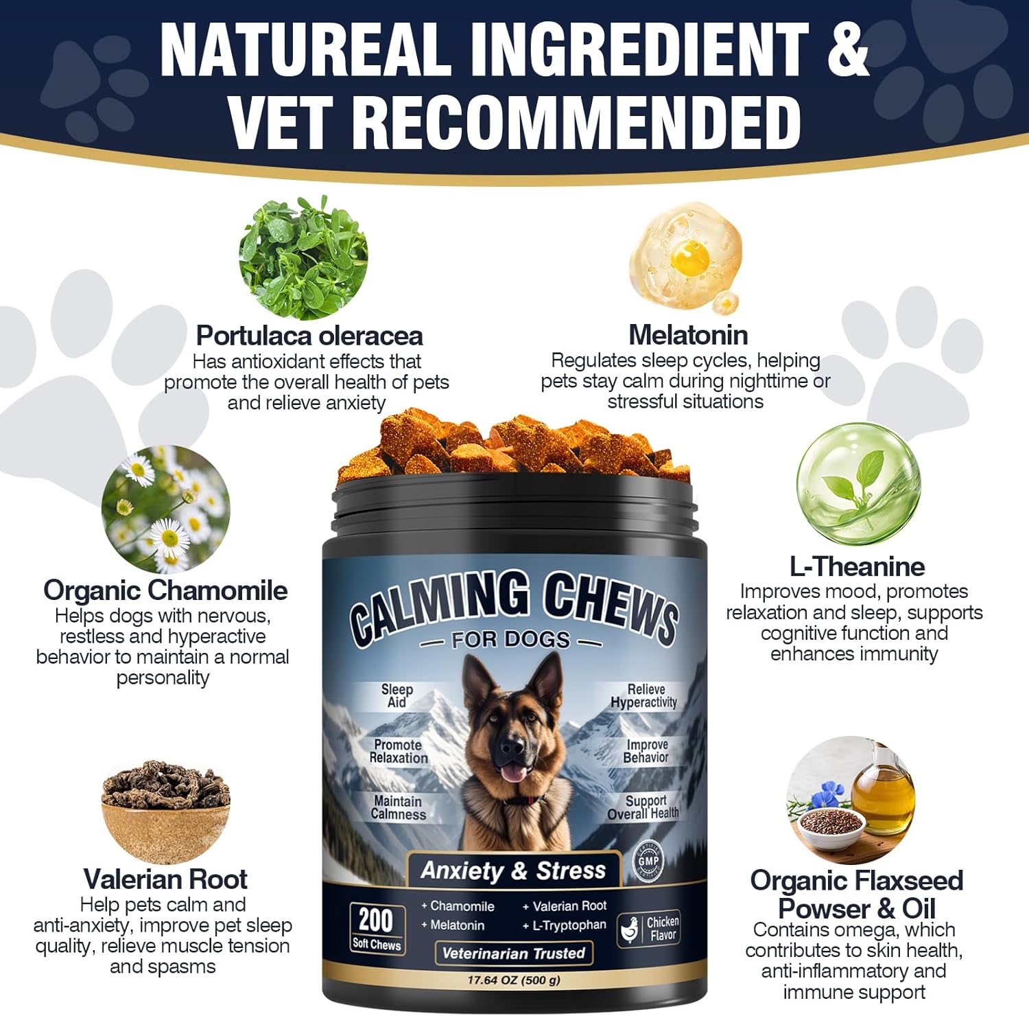 Calming chew ingredients including chamomile, valerian root, L-theanine, flaxseed, purslane, and melatonin